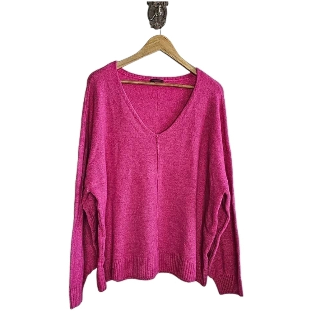 Vince Camuto knit puff sleeve sweater hot pink v-neck